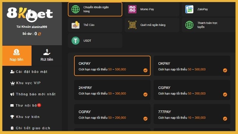 Một số phương thức thanh toán tại 8kbet