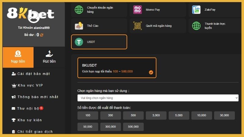 Nạp tiền J88 bằng hình thức USDT